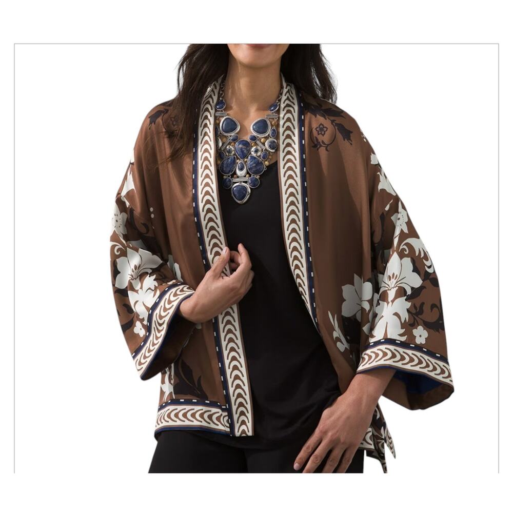 Chico’s Brown Open Front Short Border Kimono Women’s Size Large, X-Large L/XL